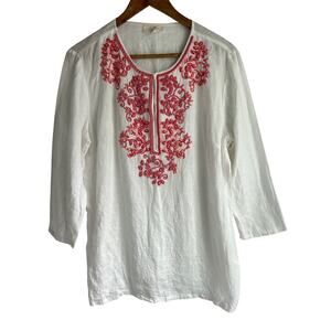 Charter Club Luxury Large 100% Linen Coral Beaded Sequined Tunic Blouse Top